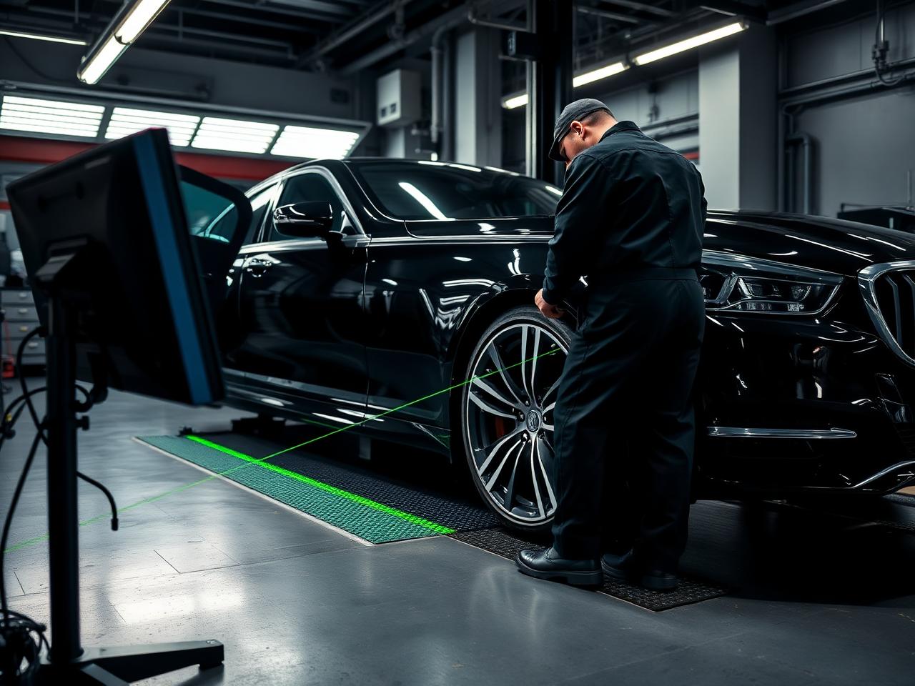 Technician performing laser wheel alignment